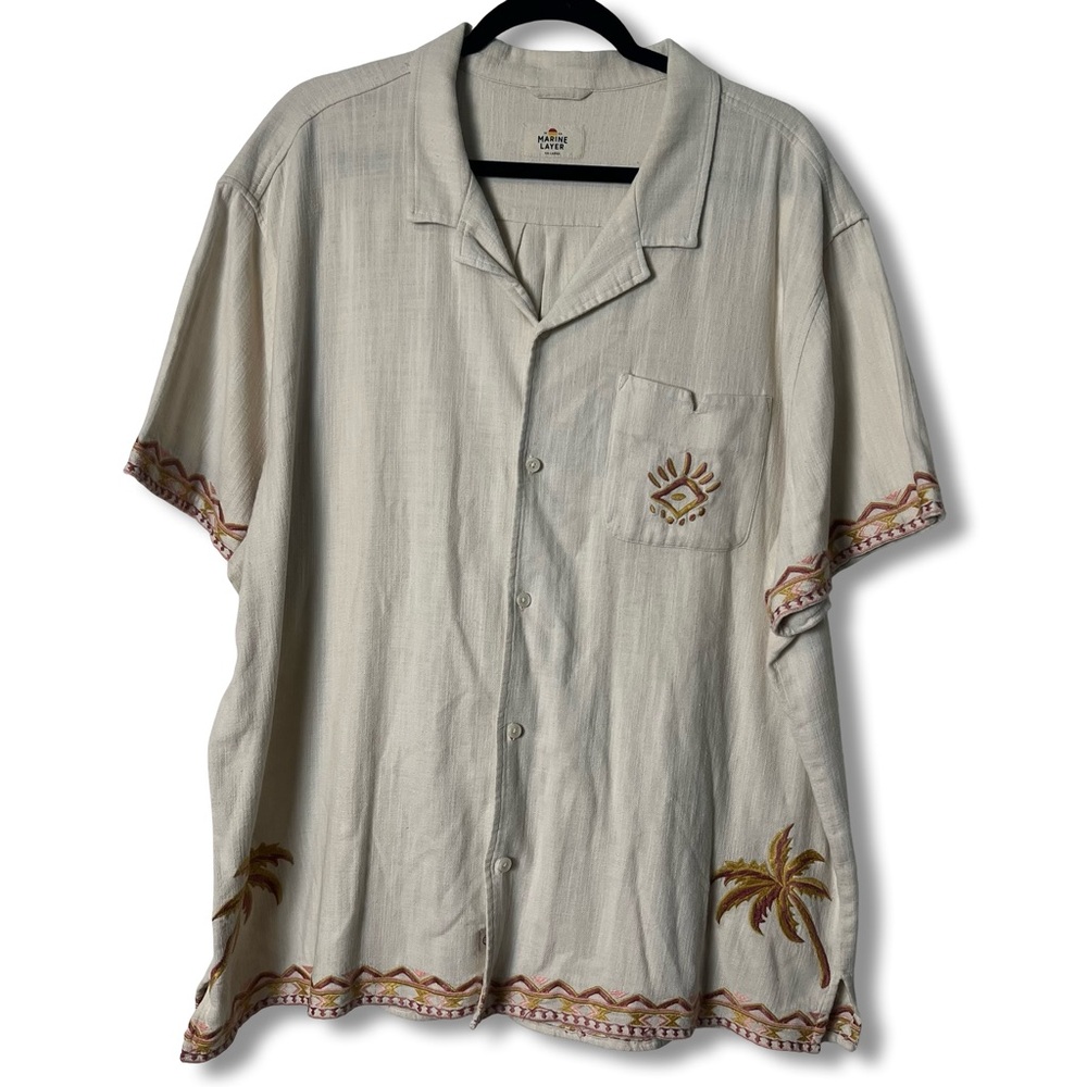 Marine Layer‎ Men’s Stretch Selvage Embroidered Resort Camp Shirt Ivory Mens XXL